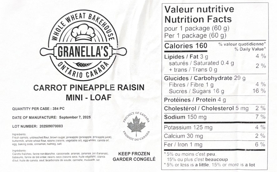 Mini Loaf Granella's 96x60g Carrot, Pineapple & Raisin